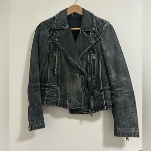 All Saints Distressed Black Leather Quilted Biker Jacket - Size 6 Women’s